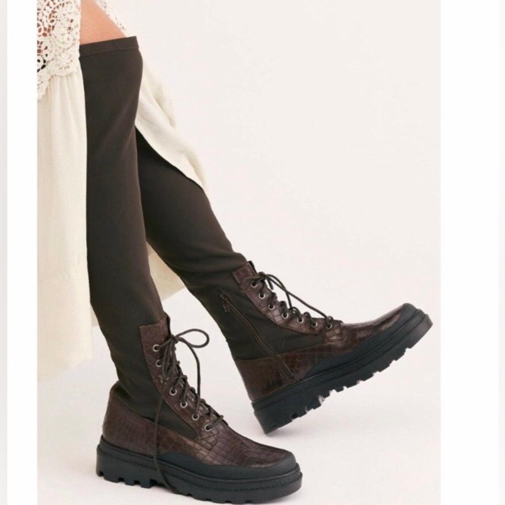 NEW Free People Dark Brown shoreditch over the knee combat boot, size 38/US 7.5
